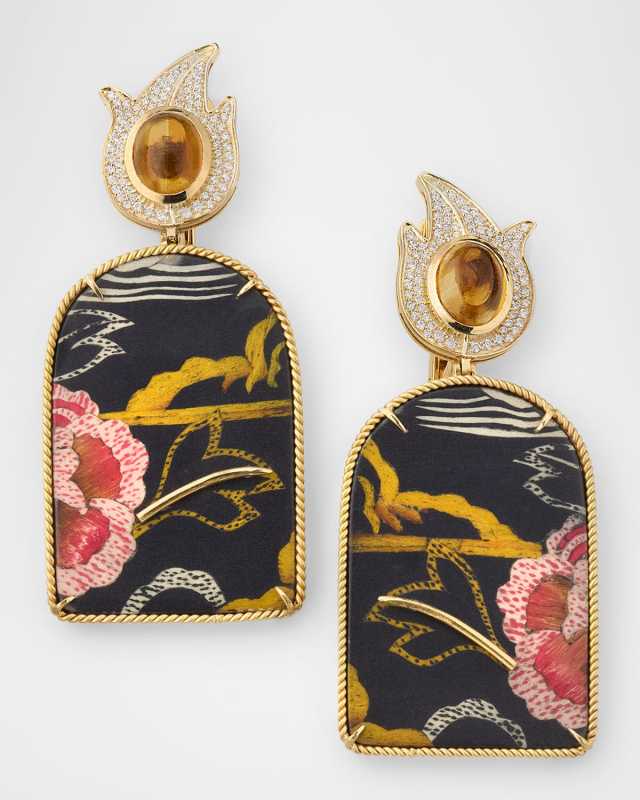18K Yellow Gold Marquetry Tibetan Rose Earrings with Diamonds and Citrine